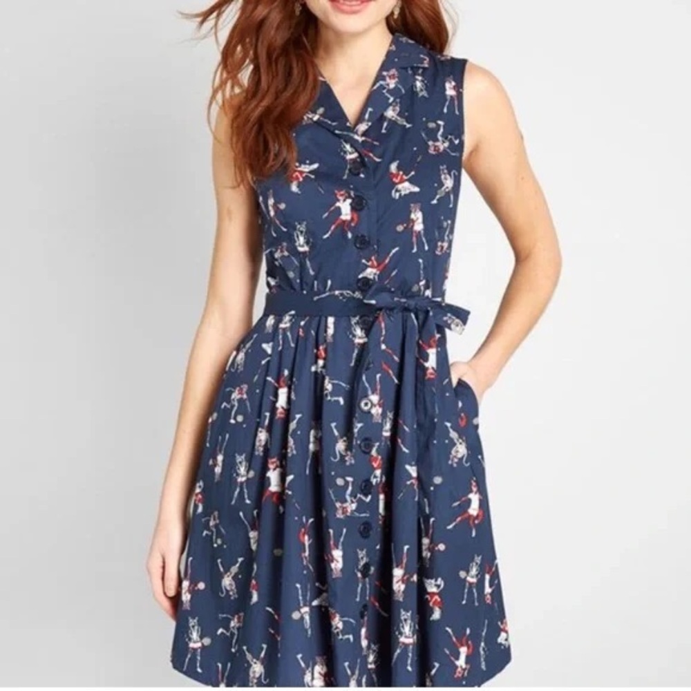 Navy Blue Sleeveless Dress with Print